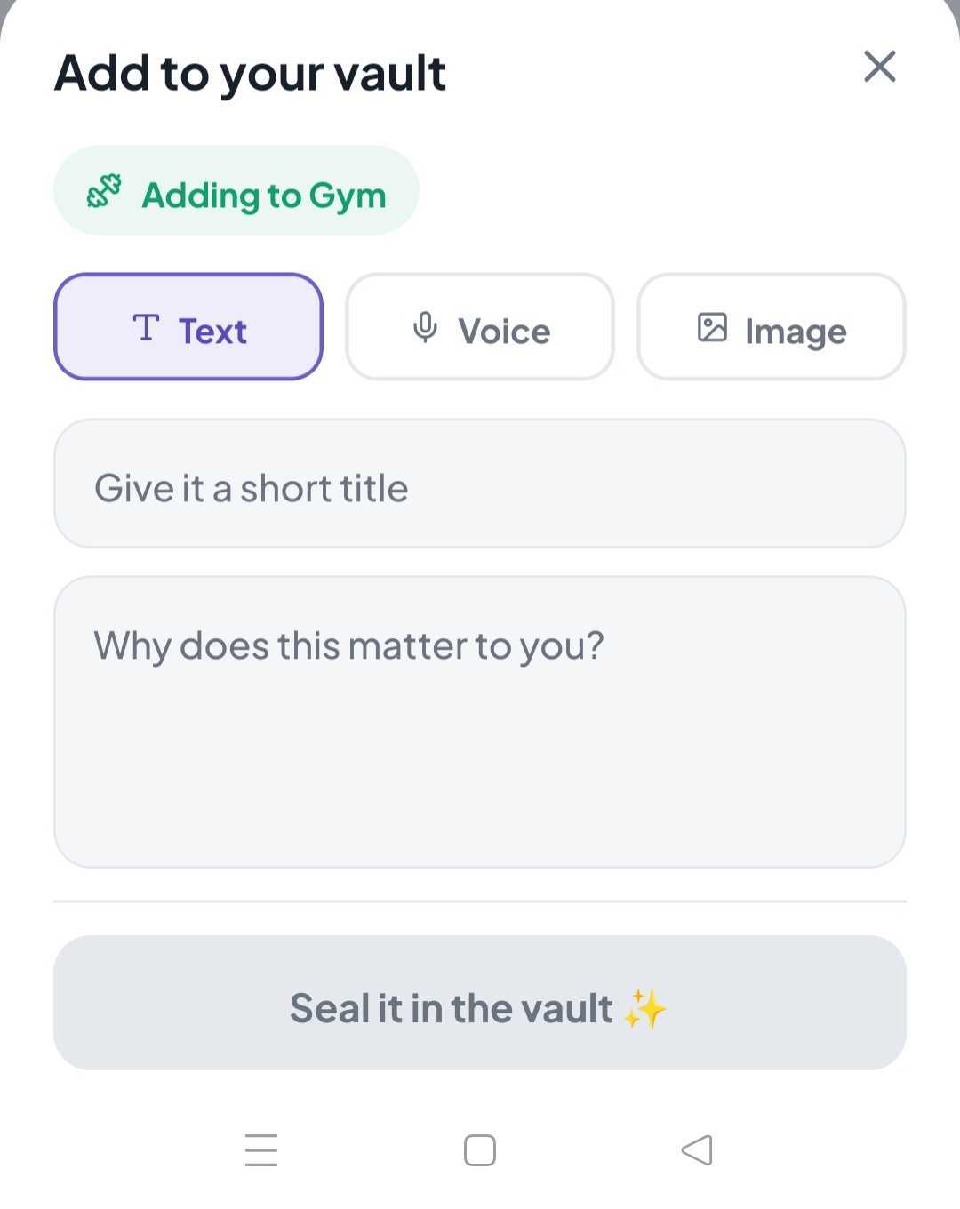 Add to your vault screen showing text, voice, and image options
